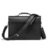 High quality back of a black slim leather briefcase for women or men.