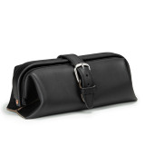 High quality black leather toiletry bag from the front angle.