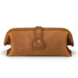 This is a tan brown leather toiletry bag from the back.