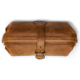 High quality tan brown leather toiletry bag from the top.