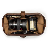 High quality red brown leather toiletry bag from the top angle full.