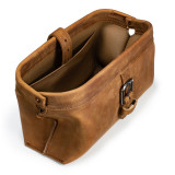 High quality tan brown leather toiletry bag from the top angled.