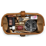 High quality tan brown leather toiletry bag from the top angle full.