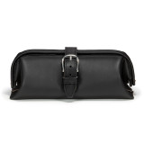 This is a black leather toiletry bag from the front.