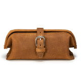 High quality tan brown leather toiletry bag from the front.