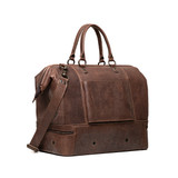 High quality side view of the double compartment leather duffle in dark coffee