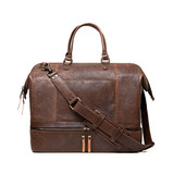 High quality front view of the double compartment leather duffle in dark coffee