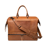 This is the front view of the double compartment duffle in tobacco