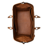 High quality inside view of the double compartment leather duffle in tan