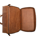 This is the shoe compartment of the double compartment duffle in tobacco