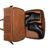 This is the shoe compartment of the double compartment duffle in tobacco