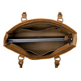 High quality the Women's work leather tote in tan showing the inside view with laptop