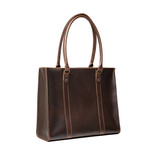 High quality the women's work leather tote in dark brown, showing the side view