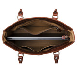 High quality the Women's work leather tote in dark brown, showing the inside view with laptop.