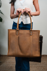 High quality the women's work leather tote in tan with lifestyle view