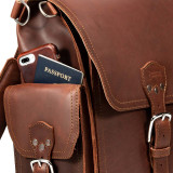 High quality side pocket behind the pocket of a red brown leather backpack.