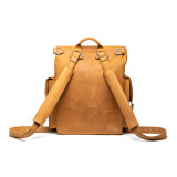 High quality back side of a tan brown leather backpack with the shoulder pads.