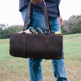High quality lifestyle model image of our range and tool leather tote in dark brown