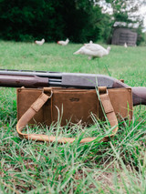 High quality lifestyle image of our range and tool leather tote in light brown