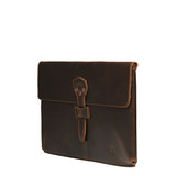 High quality side view of the dark brown leather document holder that holds a 16" laptop. Made by Saddleback