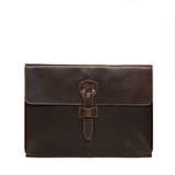 High quality the front of the dark brown leather document holder that fits a 16" laptop. Made by Saddleback