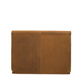 High quality the back of the tan leather document holder that holds a 16" laptop. Made by Saddleback