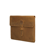 High quality side view of the tan leather document holder that holds a 16" laptop. Made by Saddleback