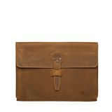 High quality the front of the tan leather document holder that fits a 16" laptop. Made by Saddleback