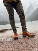High quality view of the Huntsman boot in natural patina in outdoors