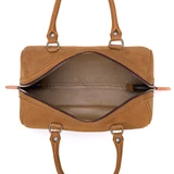 This is the  view open of the everyday barrel purse in light brown