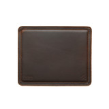 High quality dark brown leather mouse pad without a mouse on it. It has stitching around the edges and neoprene in the middle.