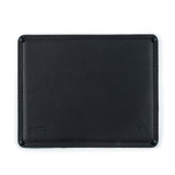 High quality black leather mouse pad without a mouse on it. It has stitching around the edges and neoprene in the middle.