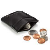 High quality black leather coin purse that has change spilling out in front of the pouch.