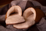 High quality tan full grain leather Dave's Deals Women's Sheepskin Slippers - Old Design - Size 11 - Tobacco side view - Saddleback Leather