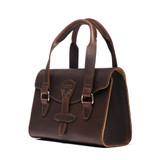 High quality side view of the double handle leather purse in dark brown