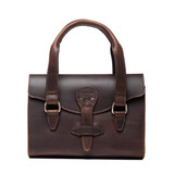 High quality front view of the double handle leather purse in dark brown