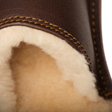 High quality dark brown full grain leather Dave's Deals Women's Sheepskin Slippers - Old Design - Size 11 -  Dark Coffee Brown detail view - Saddleback Leather