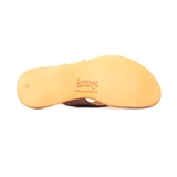 High quality bottom view of the dark brown flip flops