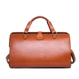 High quality tan full grain leather Dave's Deals Wesley Deep Pocket Duffle - English Tan side view - Saddleback Leather
