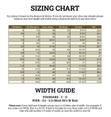 Saddleback Leather shoe sizing chart with US Men's, US Women's, Euro, UK sizes, inches, centimeters, and width guide