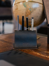 High quality full grain dark brown leather Pen Holder Bell Curve front view - Saddleback Leather
