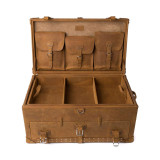 High quality leather trunk that will be a vintage antique one day in a museum. This is the luggage wide open and empty. It is a tan brown steamer trunk that was old time luggage back in the day on trains and ships.