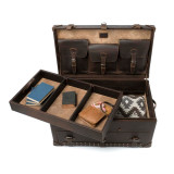 High quality leather trunk that will be a vintage antique one day in a museum. This is the back of the luggage when the tray is moved. It is a dark brown steamer trunk that was old time luggage back in the day on trains and ships.