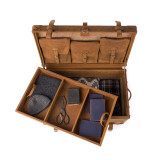 High quality leather trunk that will be a vintage antique one day in a museum. This is the back of the luggage when the tray is moved. It is a tan brown steamer trunk that was old time luggage back in the day on trains and ships.