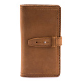 High quality front of a tan brown really large leather wallet.