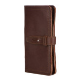 High quality side of a red brown really large leather wallet.
