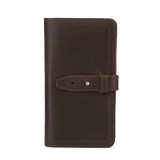 High quality front of a dark brown really large leather wallet.