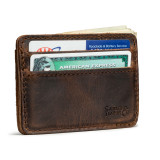 High quality back of a full dark brown leather wallet angled