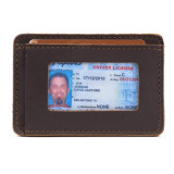 High quality dark brown front pocket leather wallet from the front view.
