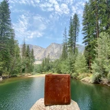 High quality tan large bifold leather wallet outdoors in front of a lake and tree. Made by Saddleback